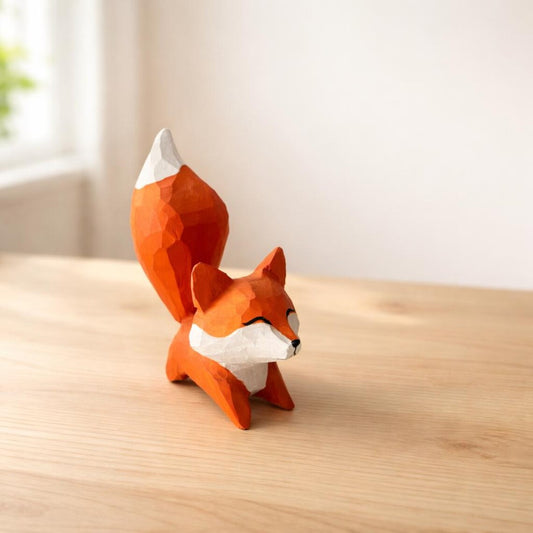 Wooden Fox Figurine Desk Decor with Raised Tail Display